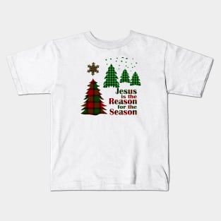 Jesus is the Reason for the Season Buffalo Plaid Christmas Design. Kids T-Shirt